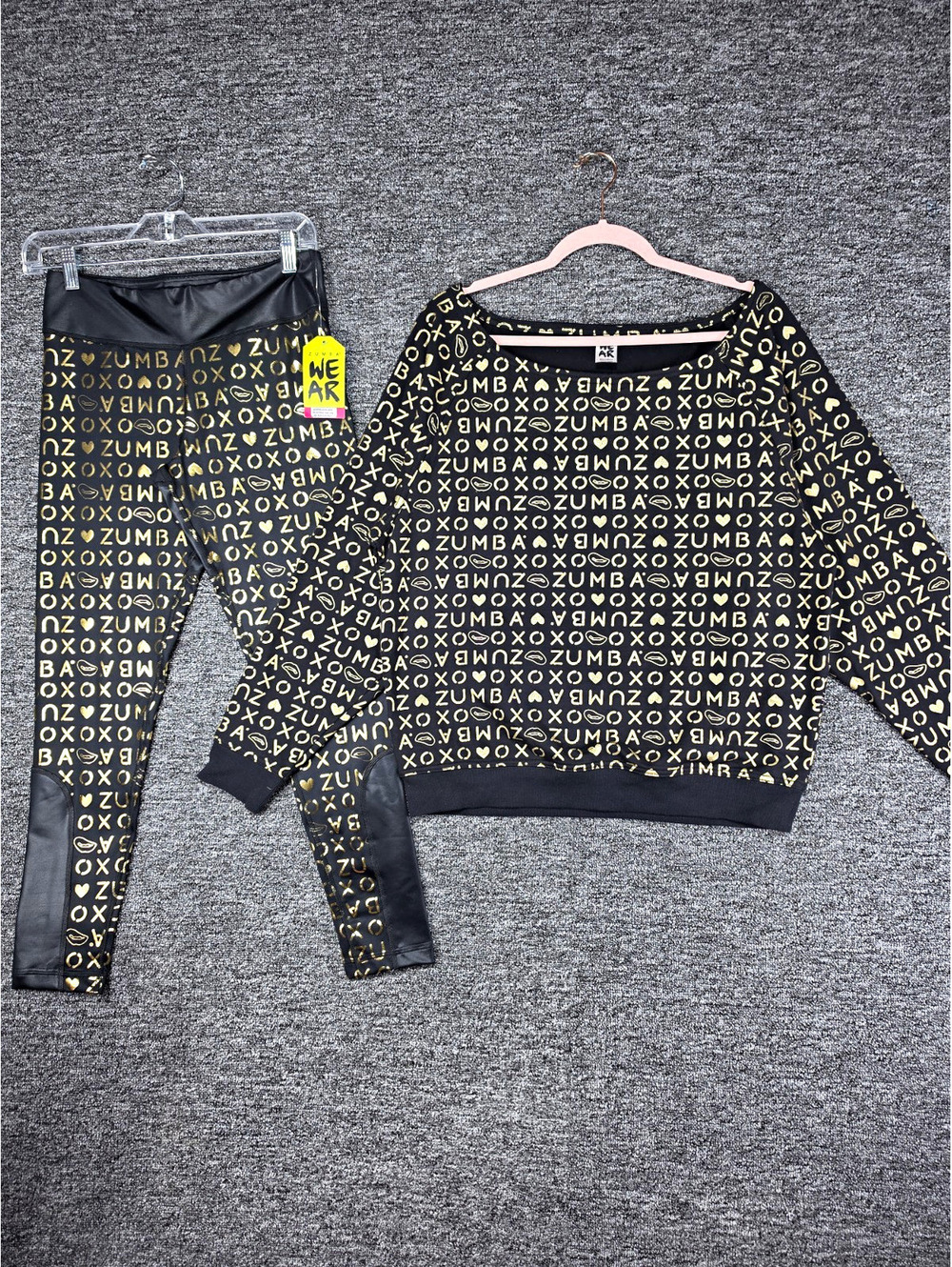 Zumba Wear Black Gold XO Leggings & Sweatshirt Matching Set Womens M